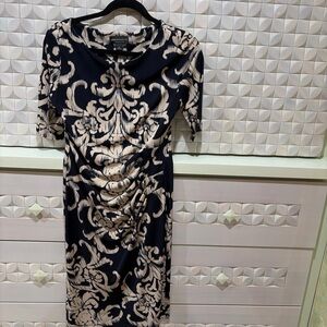 Connected Apparel Black and Cream Patterned Midi Dress